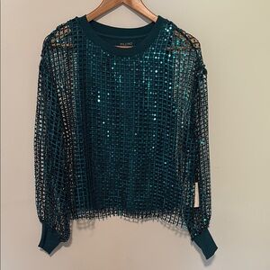 Pilcro Teal Sequin Mesh Long Sleeve Shirt